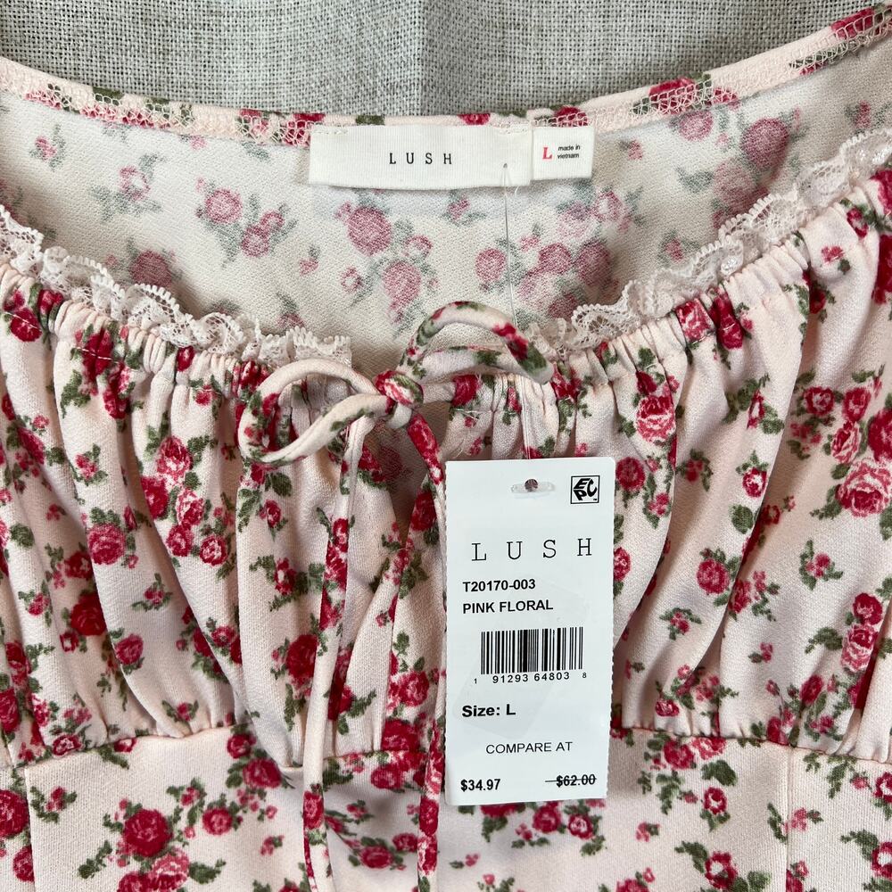 Lush Lace Trim Cap Sleeve Crop Top Pink Red Floral Women L Milkmaid Coquette NWT - Picture 3 of 7